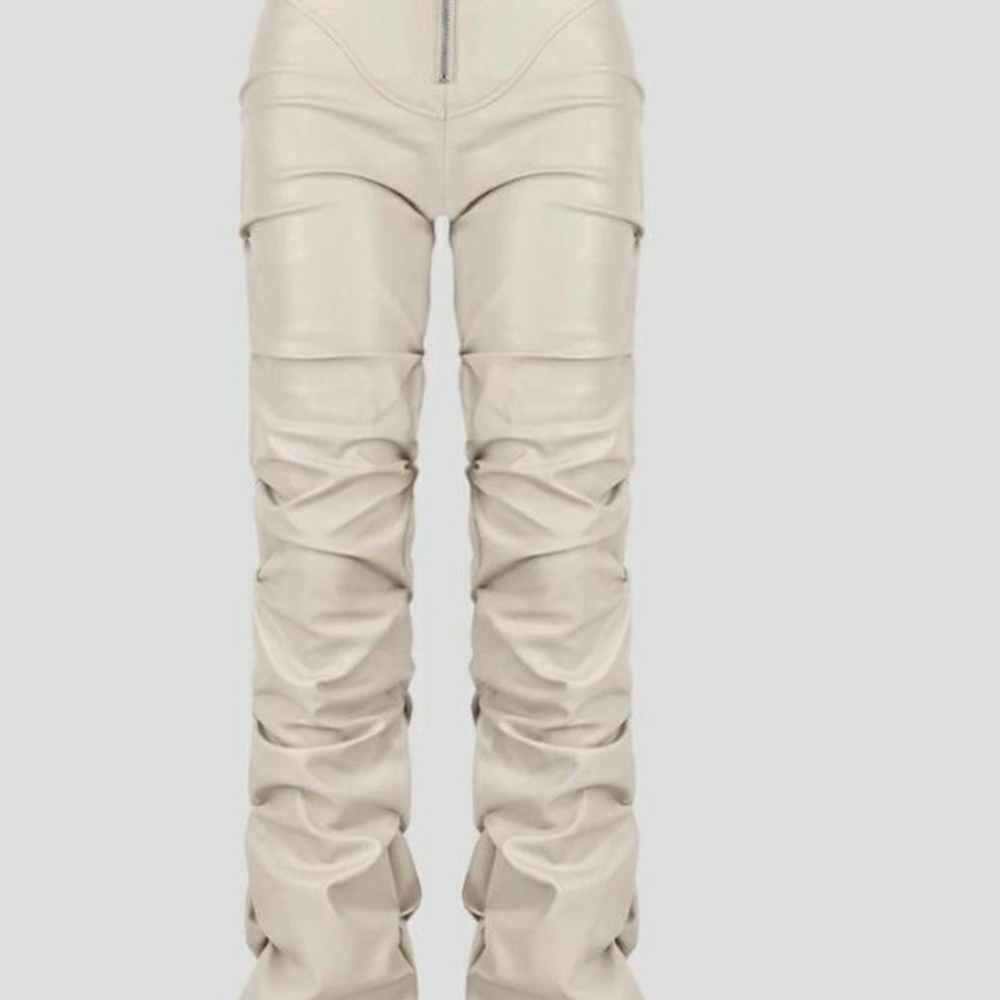 Maniere De Voir Cream Tacked Vegan Leather Flare Pants - Ruched & Drawstring